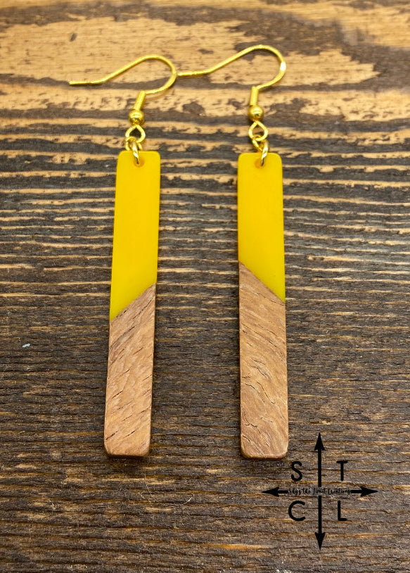 Yellow Resin Wood Long Earrings