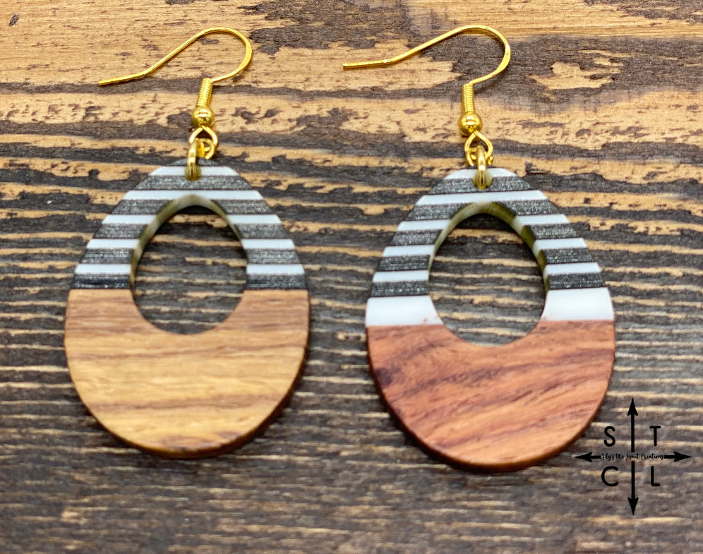 Wood with Black & White Resin Earrings